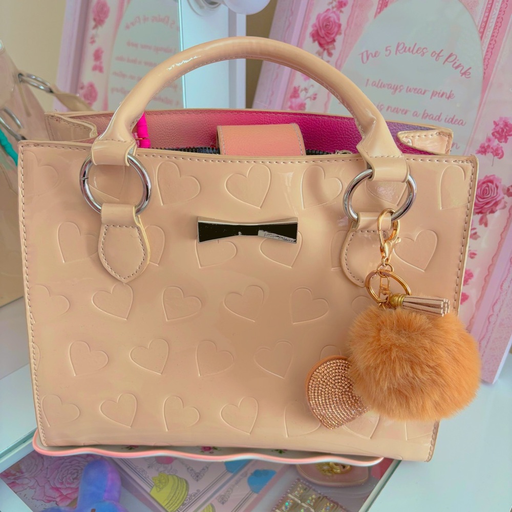 Betsey Johnson Chic Heart-Embossed Patent Satchel - handbag.